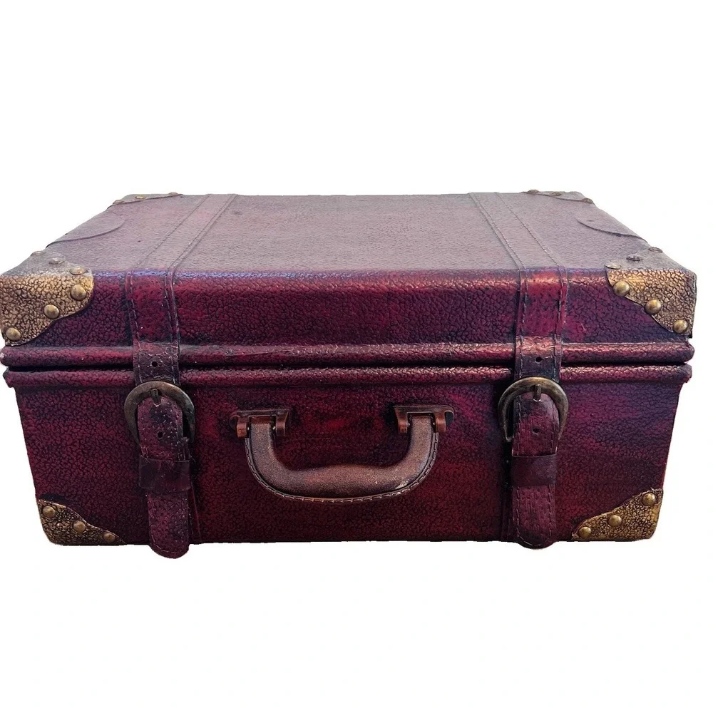 Vintage 90s Burgundy Faux Leather Decorative Trunk Storage Chest Brass Accents